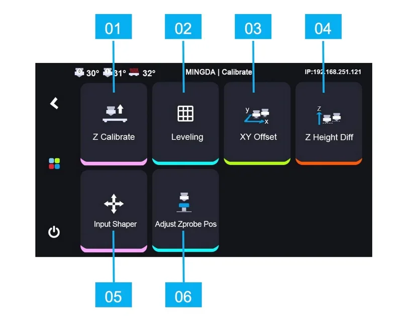 MINGDA MD-600D interface showing calibration options: Z Calibrate, Leveling, XY Offset, Z Height Diff, Input Shaper, Adjust Zprobe Pos.