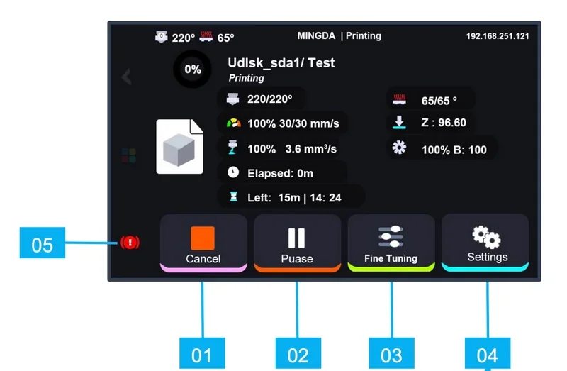 Mingda MD-600D 3D printer screen displaying settings, status, and controls, including temperature, speed, and adjustment options.