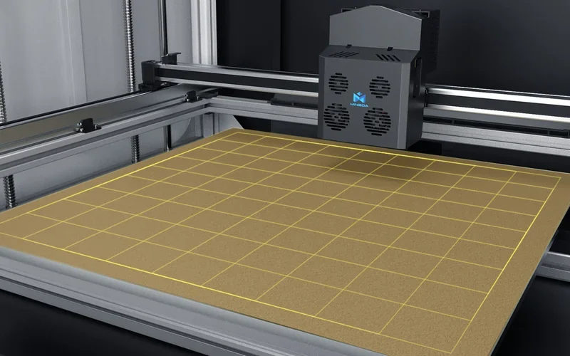 Mingda MD-600D 3D printer with a large build platform, showcasing grid lines, set in a precision-engineered metal frame with branding on the extruder.