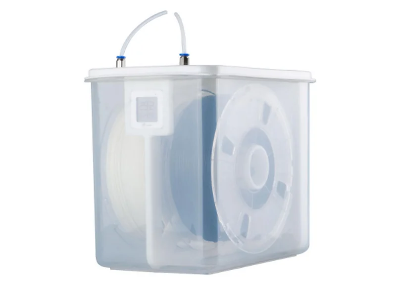 Transparent filament storage box with humidity display, housing spools for Mingda MD-600D 3D printer.