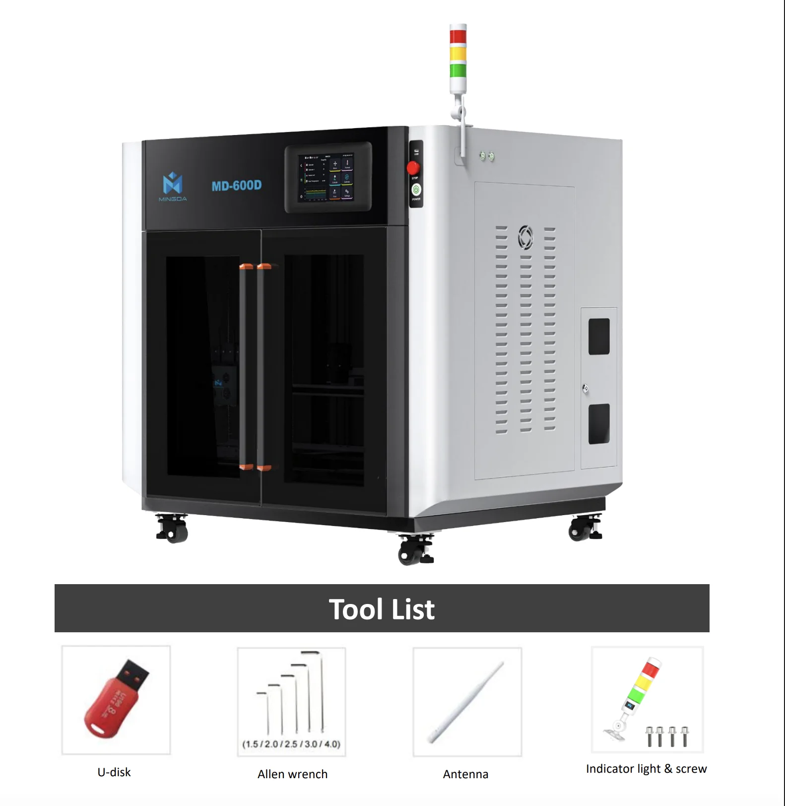 Mingda MD-600D 3D printer with dual glass doors, touchscreen, and tool list including U-disk, Allen wrench, antenna, indicator light, and screws.