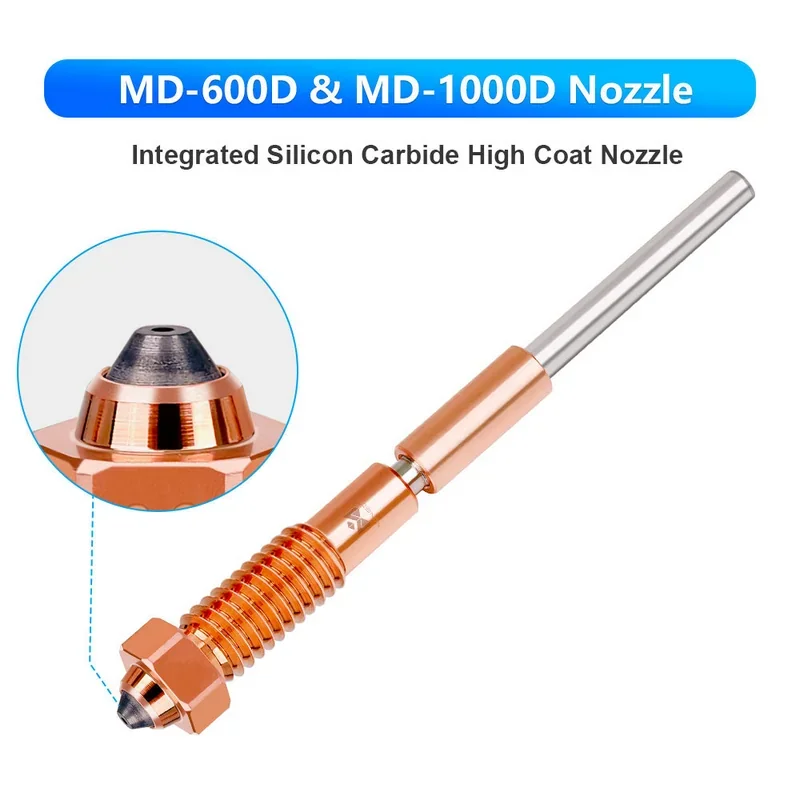 Mingda MD-600D and MD-1000D nozzle with integrated silicon carbide high coat, shown in detail with copper parts and highlighted tip.