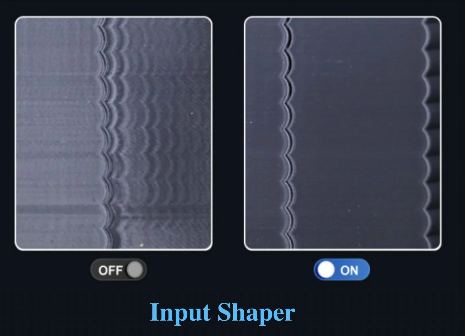 Comparison of 3D print quality from mingda md-600d with Input Shaper off and on, highlighting reduced surface ripples.