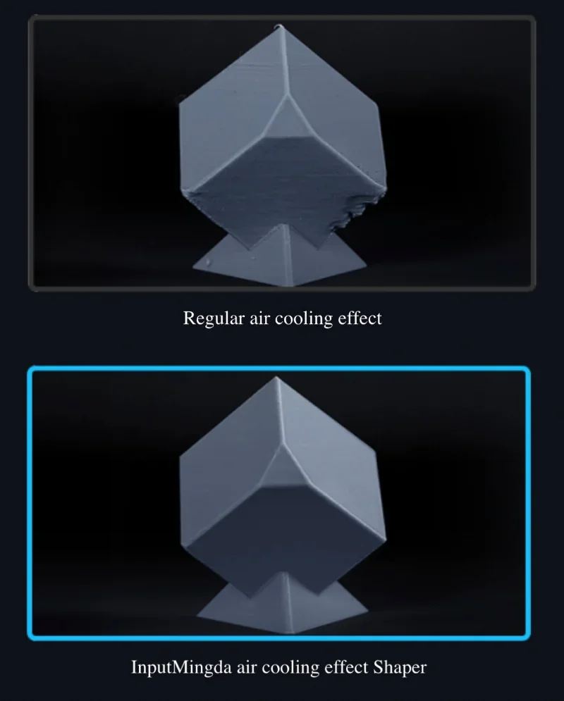 Comparison of 3D prints from mingda md-600d showing regular vs. enhanced air cooling effects on geometric shapes with visible surface quality differences.