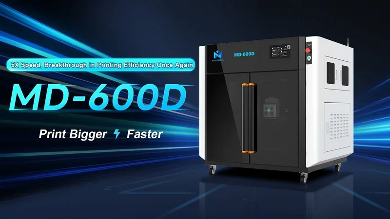 Mingda MD-600D 3D printer with black, white design, branding, emphasizing speed and efficiency with blue background streaks.
