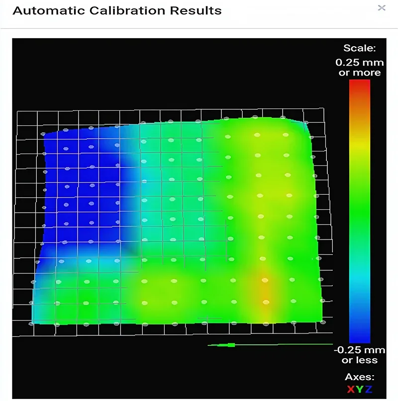 Modix Big 120X calibration results showing a colored heat map indicating 3D printer bed level variations on a grid with a scale bar.