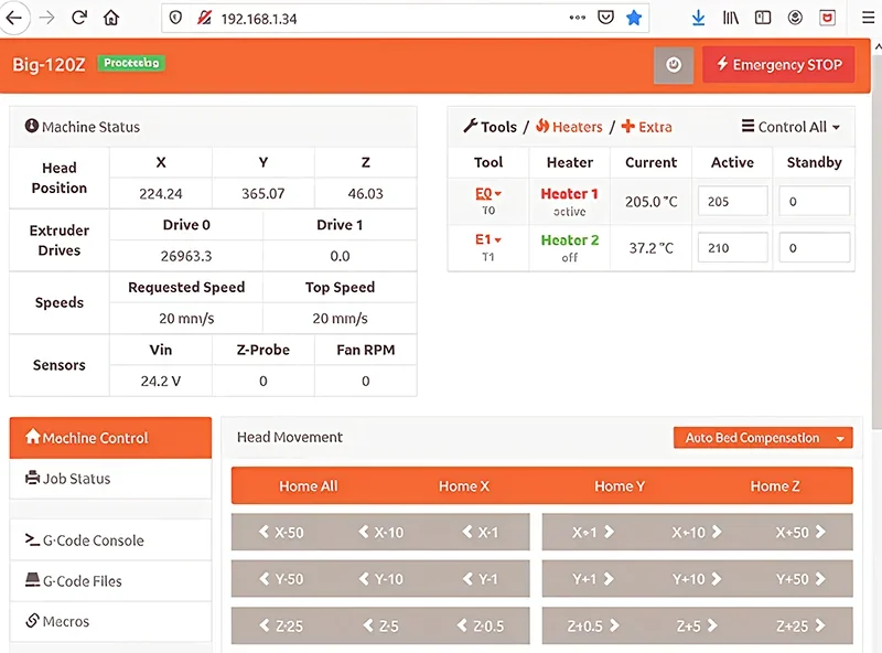 Modix Big 120x interface showing machine status, extruder drives, speeds, heater settings, and controls for head movement and emergency stop.