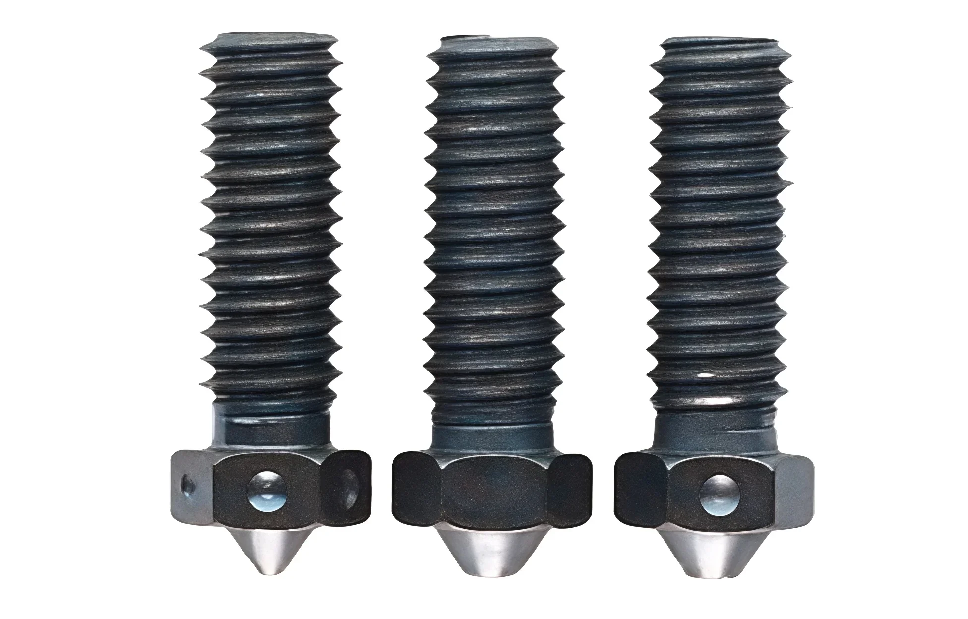 Three metallic 3D printed threaded rods created by Modix Big 120x, displayed vertically on a white background.