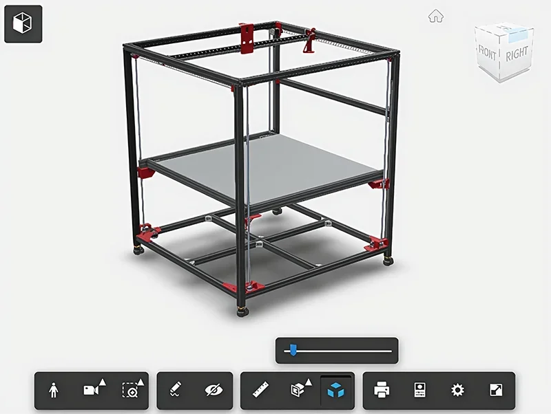 Modix Big 120x 3D printer frame, black metal and red accents, square open structure, shown in a digital interface with control icons.