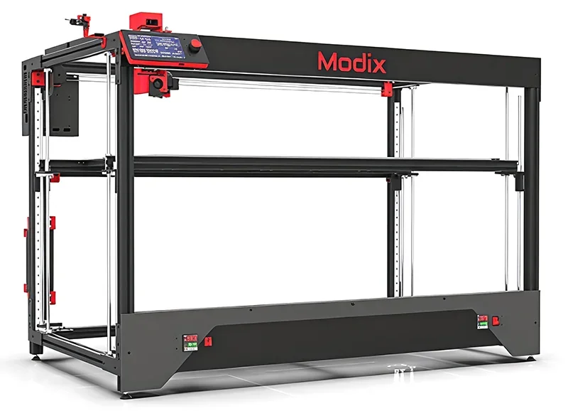 Modix Big 120x 3D printer, black frame with red accents, large build volume, displayed in a studio setting with the Modix logo visible.