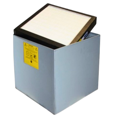 Gray industrial air filter box with a yellow warning label on the side, unrelated to the Modix Big 120x 3D printer.