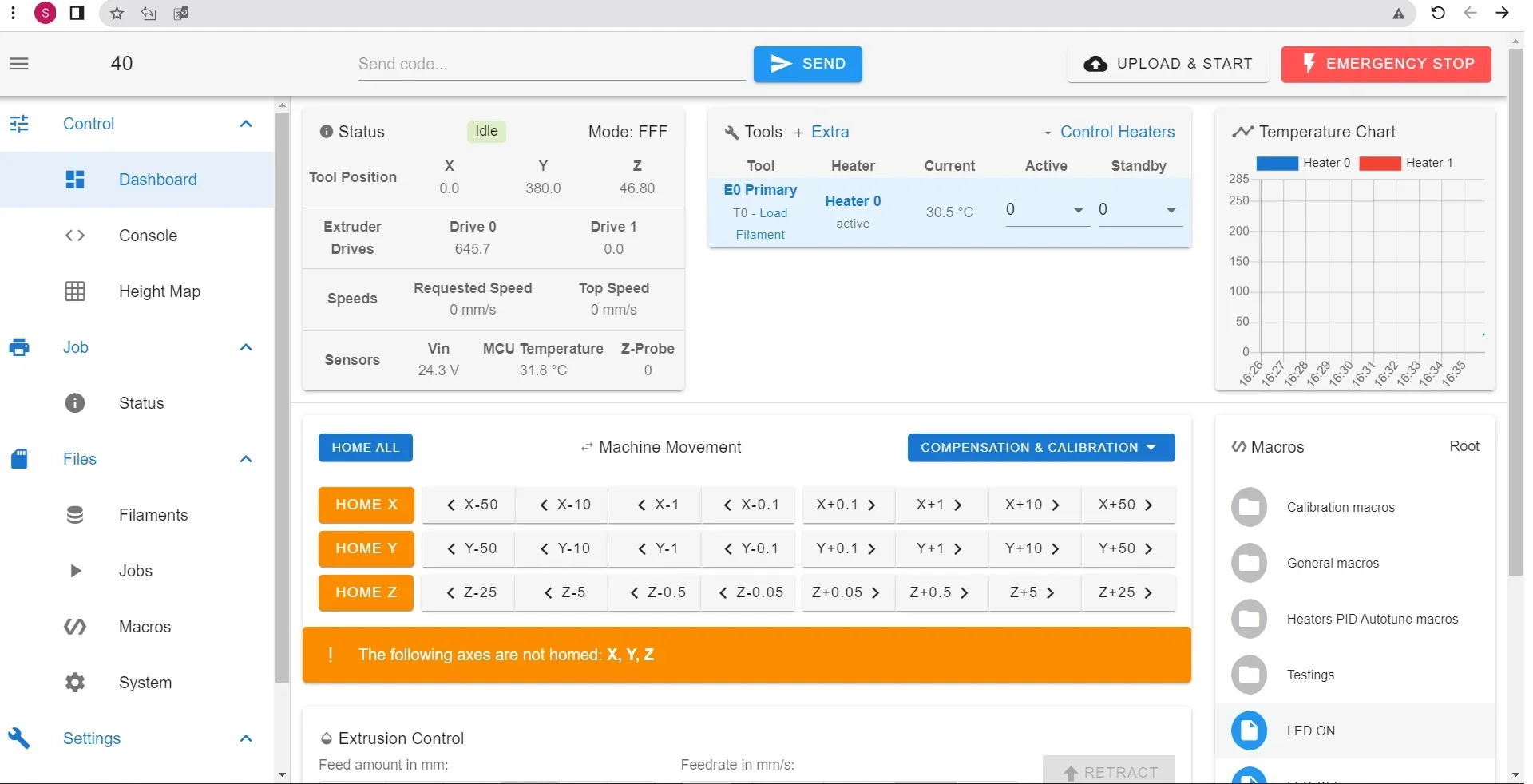 3D printer interface screen for Modix Big 120Z showing status, tool position, temperature chart, and machine movement controls.