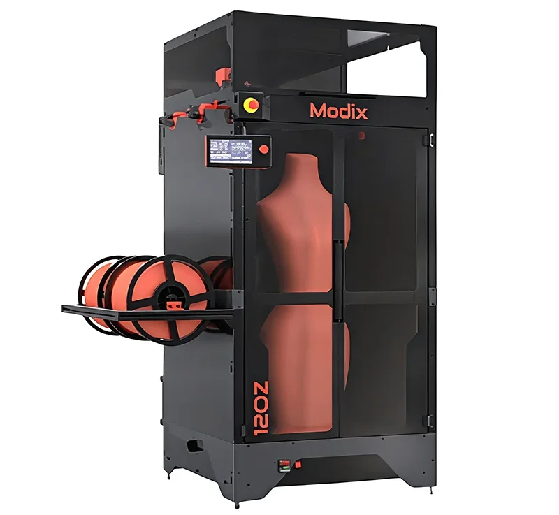 3D printer Modix Big 120Z in black with transparent doors, displaying a large mannequin print inside, branded with "Modix" and filament spools visible.