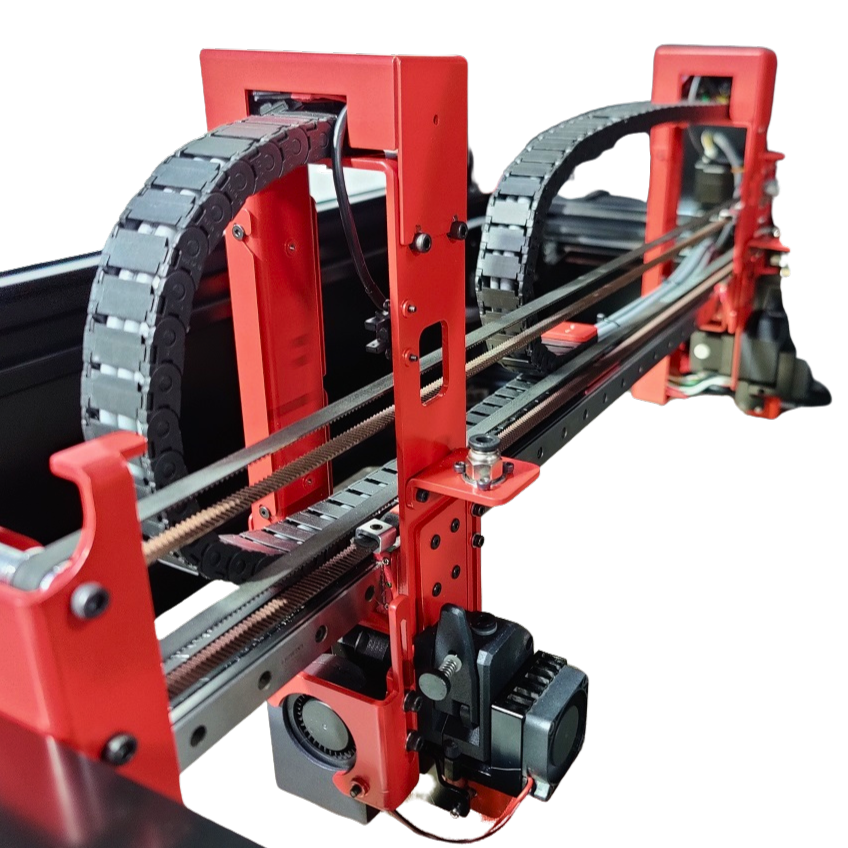 Red frame and components inside the Modix Big 120Z 3D printer, featuring cable chain, linear rails, and motor.