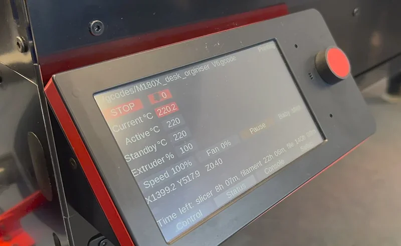 Modix Big-180x control panel shows active temperature, standby, extruder speed, and print time left.