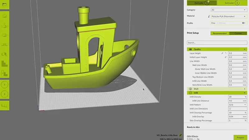 3D model of a small boat displayed on a screen, settings panel visible, prepared for Modix Big-180x 3D printing.