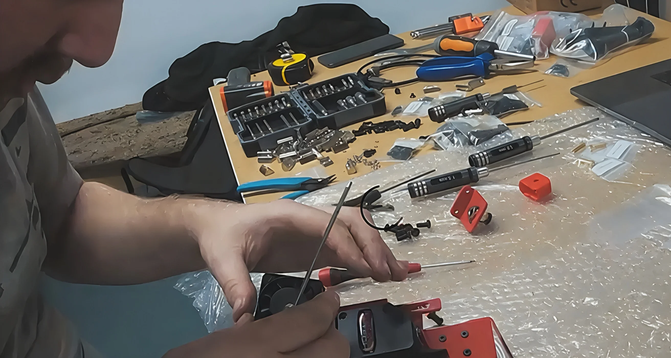 Person assembling parts for the Modix Big-180x 3D printer, surrounded by tools and components, showcasing detailed craftsmanship and precision work.