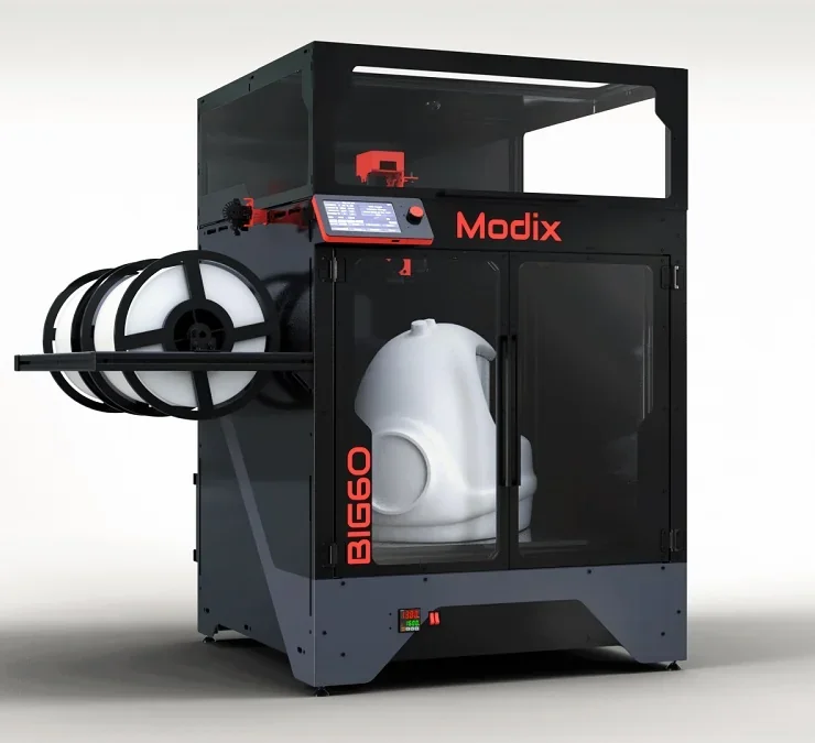 Modix Big 60 3D printer with large printed part inside, multiple spools mounted on side, black design with transparent doors, digital display.