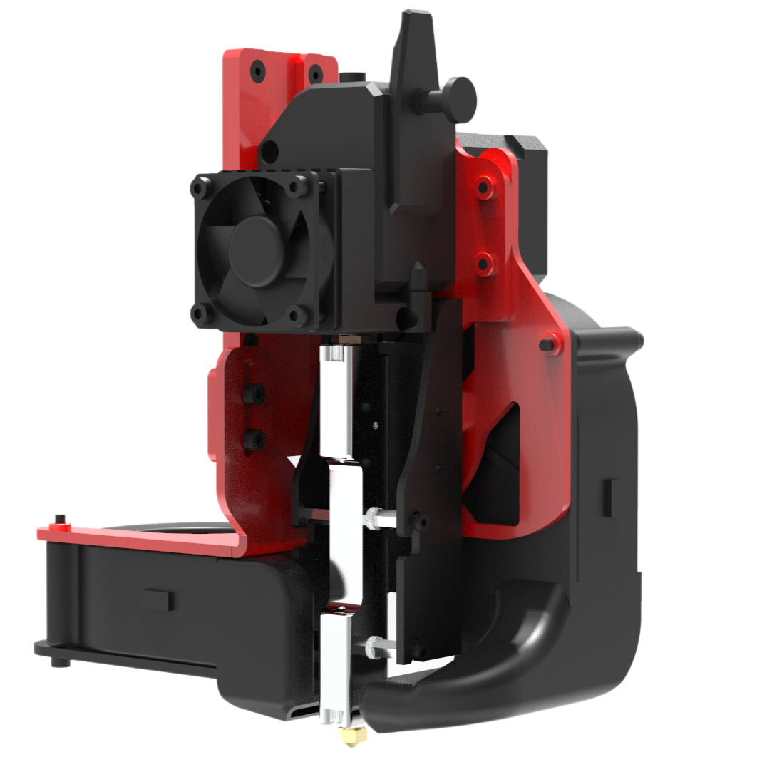 3D printer part from Modix Big 60 in red and black, featuring cooling fan and structural components.