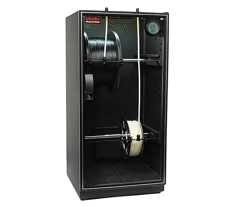 Modix Big 60 3D printer with multiple filament spools in a black enclosure showing branding and spool holders.