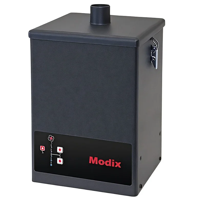 Modix Big 60 enclosure with metallic sides and a front panel featuring controls. Branding visible with Modix logo.