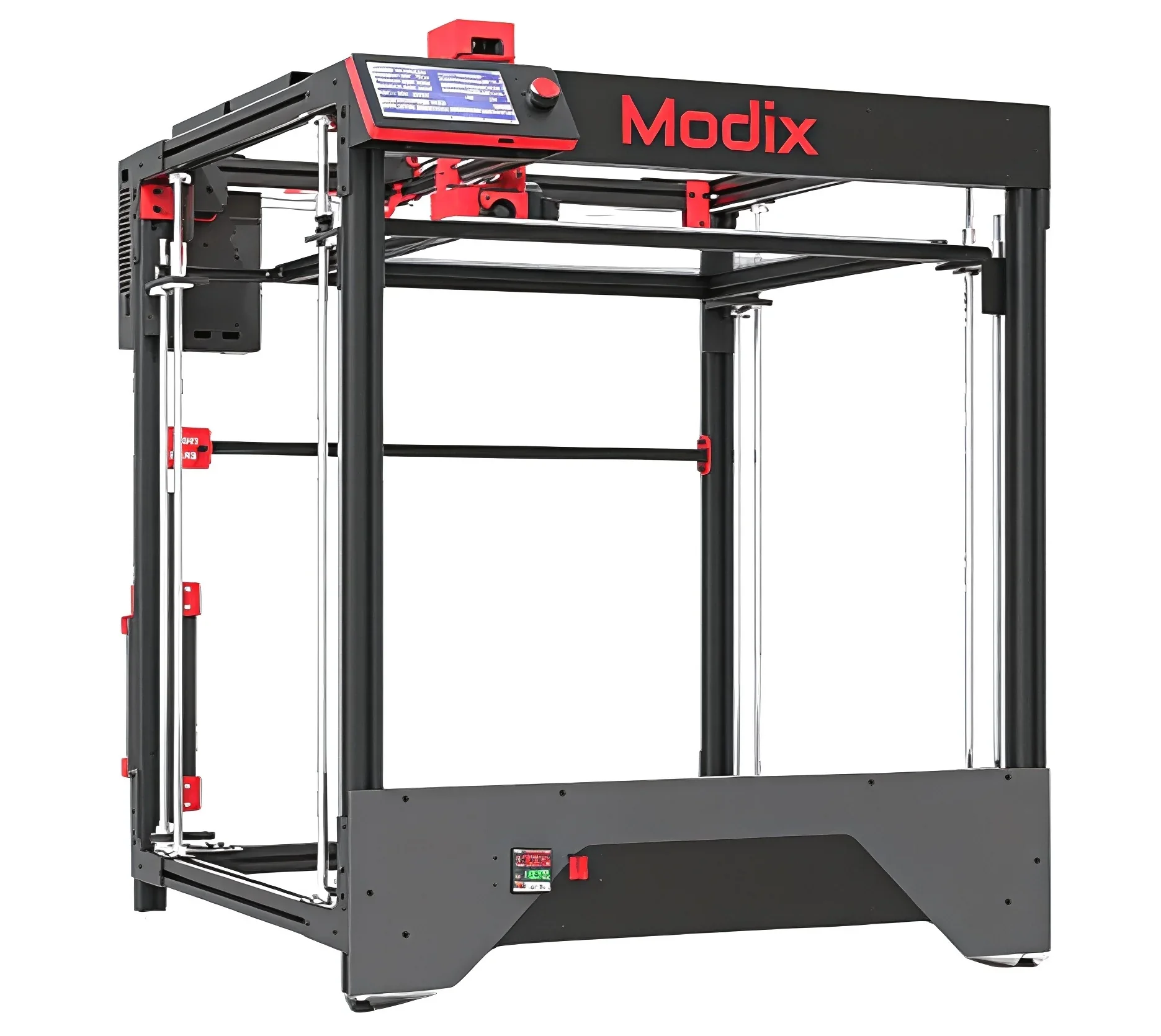 Modix Big 60 3D printer with sturdy black frame, red accents, and integrated touchscreen, designed for creating large-scale parts and prototypes.