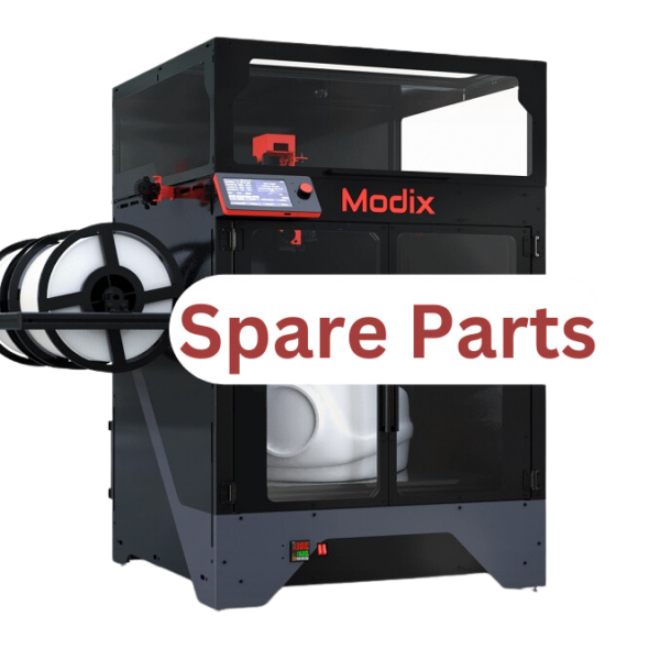 Modix Big 60 3D printer with filament spools, touchscreen, and spare parts banner.