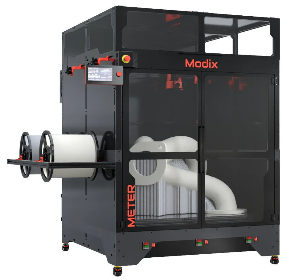 Modix Big Meter 3D printer with dual filament spools, transparent doors, showcasing a complex white printed part inside, featuring Modix branding.