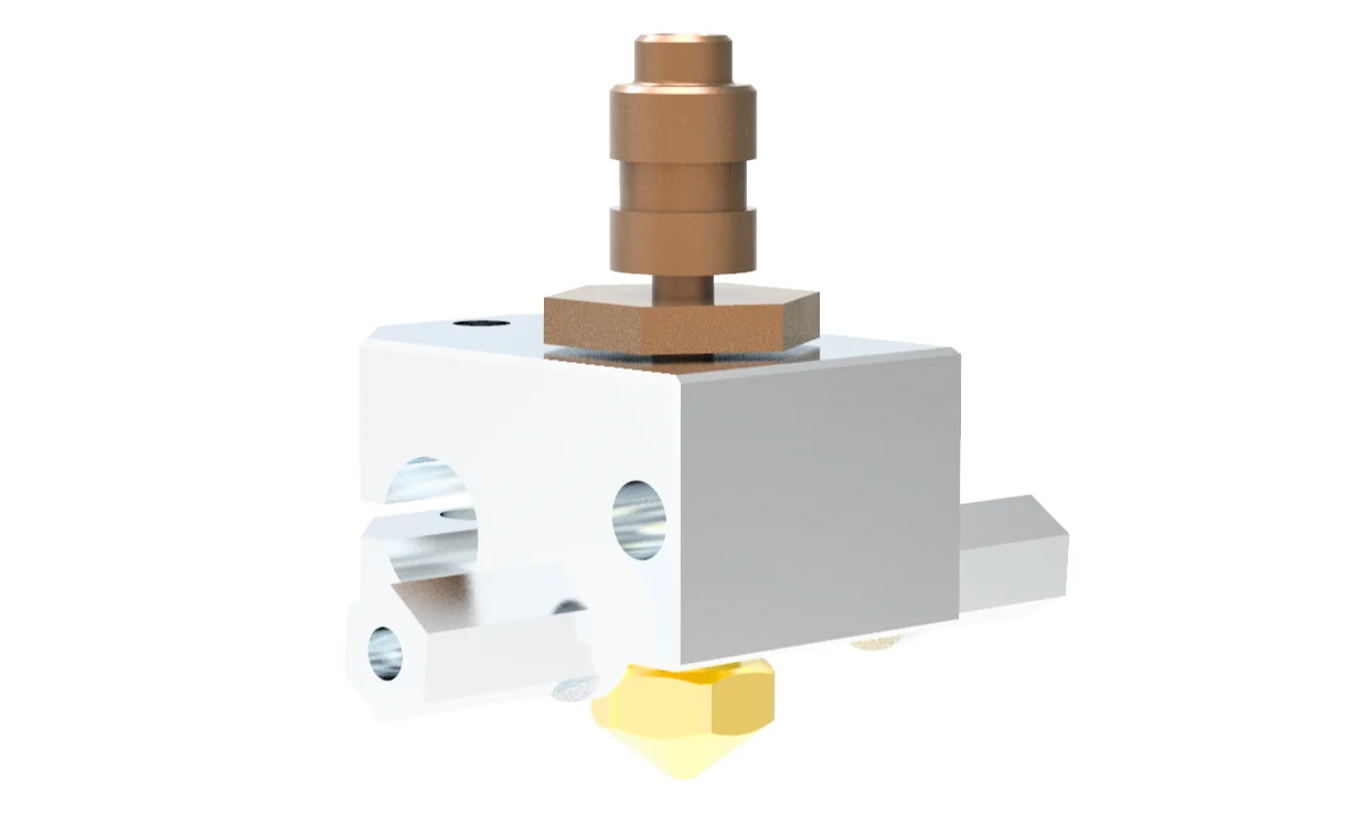 Extruder component of Modix Big Meter 3D printer, featuring metal construction with visible nozzle and fittings, designed for precision printing.