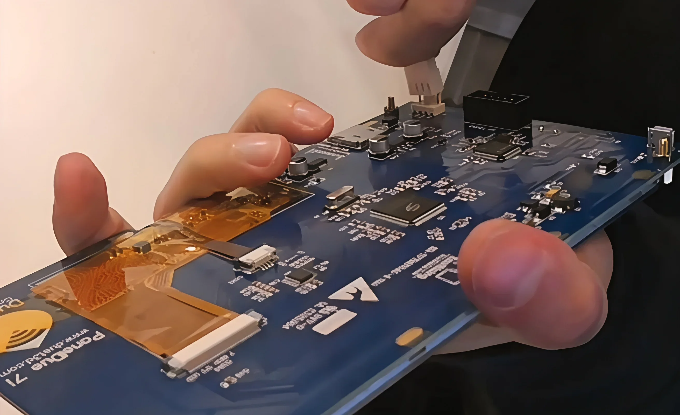 Hands holding a blue circuit board with multiple components, possibly created by the Modix Everest 3D printer.