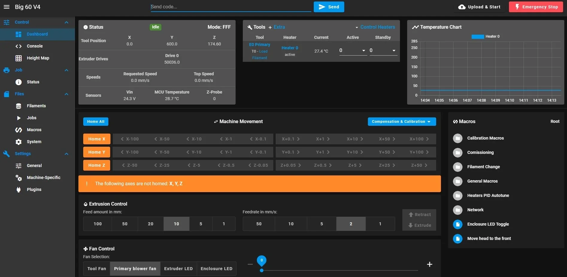 3D printer control panel for Modix Everest showing status, temperature chart, movement options, and macros for precise operation control.