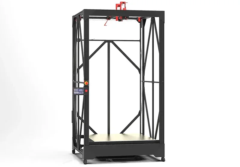 Modix Everest 3D printer with an open frame design, showcasing a spacious build area and visible wiring, set on a clean white background.