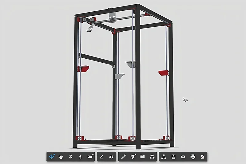 Modix Everest 3D printer frame with a black and red structure, showcasing assembly parts, suggesting components 3D printed by the Modix Everest.
