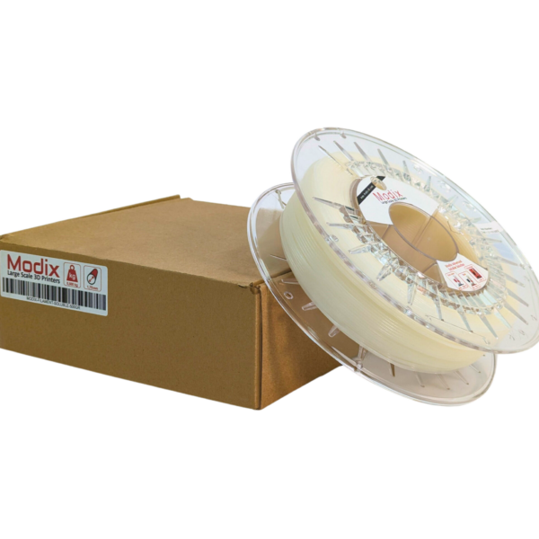 Modix Everest 3D printer filament spool with branding, next to a Modix-labeled brown box.