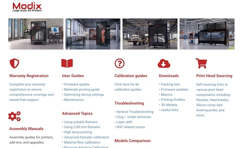 Modix Everest commercial 3D printers in an industrial setting, showcasing large-scale printing capabilities with visible printed parts.