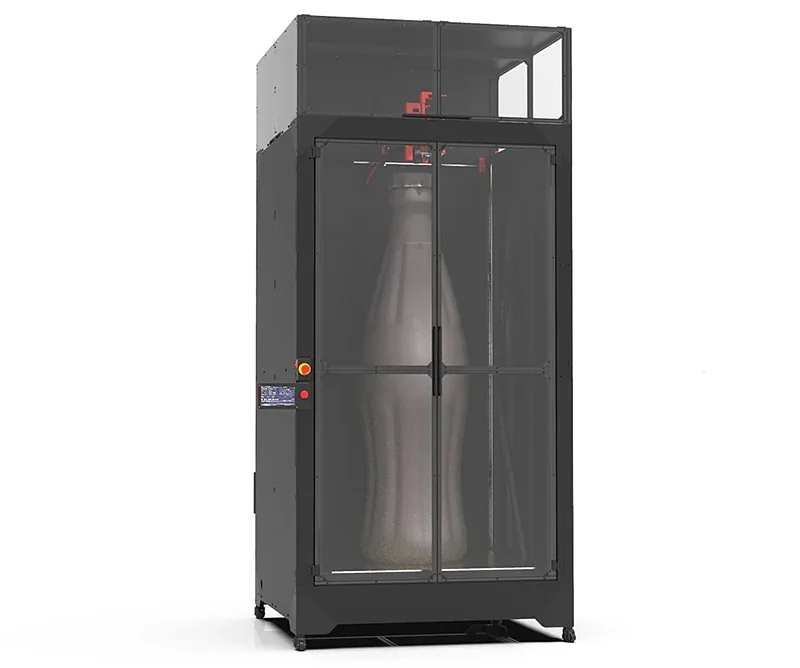 Modix Everest 3D printer with transparent enclosure showing a large printed part inside, professional-grade design with control panel and branding.