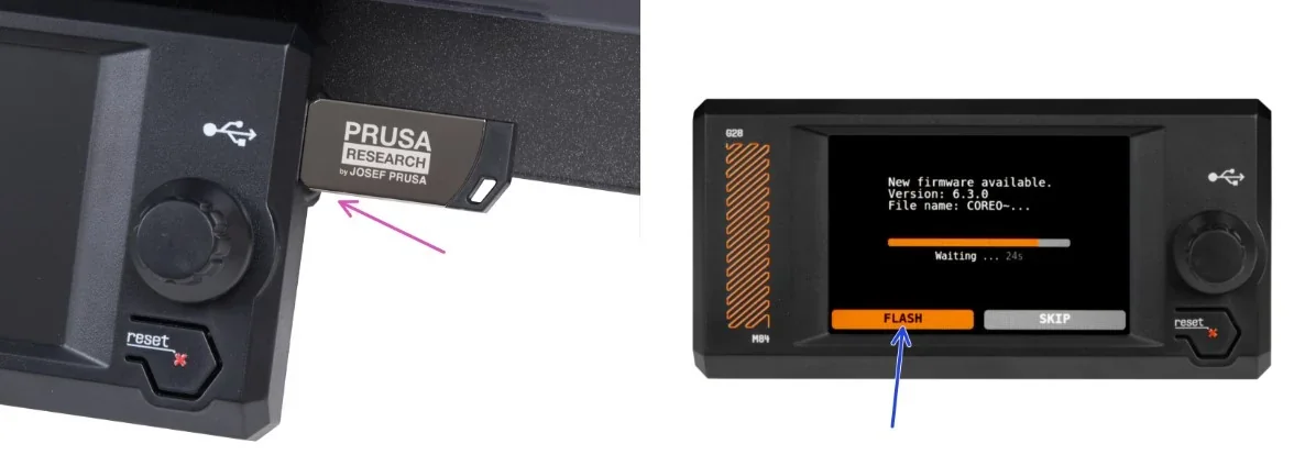 Original Prusa MK4S 3D printer kit control panel with USB slot and firmware update screen, including Prusa branding and navigation buttons.