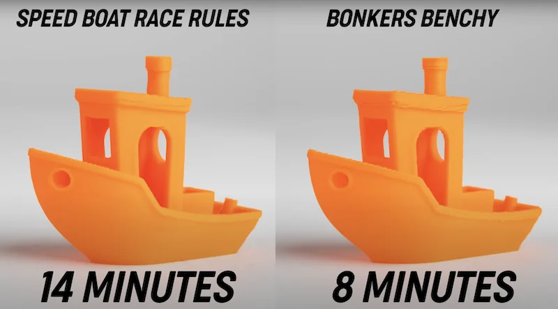 Two orange 3D-printed boats labeled "Speed Boat Race Rules" (14 minutes) and "Bonkers Benchy" (8 minutes) made by Original Prusa MK4S 3D Printer Kit.