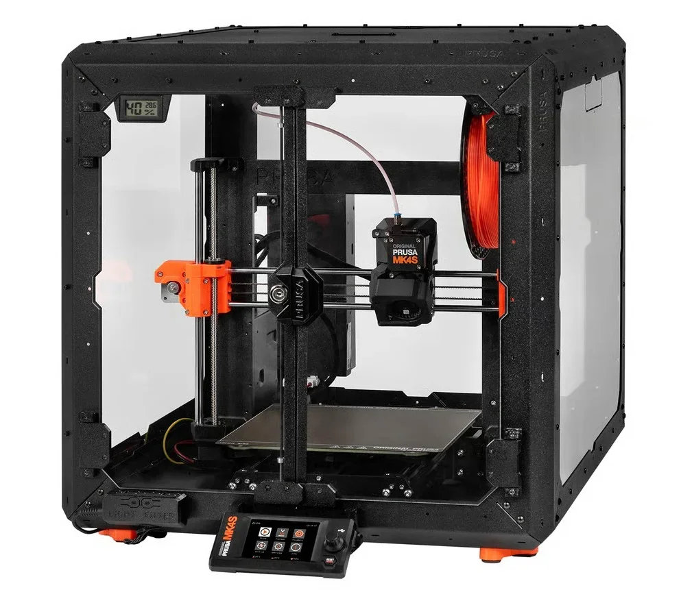 Original Prusa MK4S 3D Printer Kit enclosed in a sturdy frame with filament spool, detailed dashboard controls, ready for precision printing tasks.