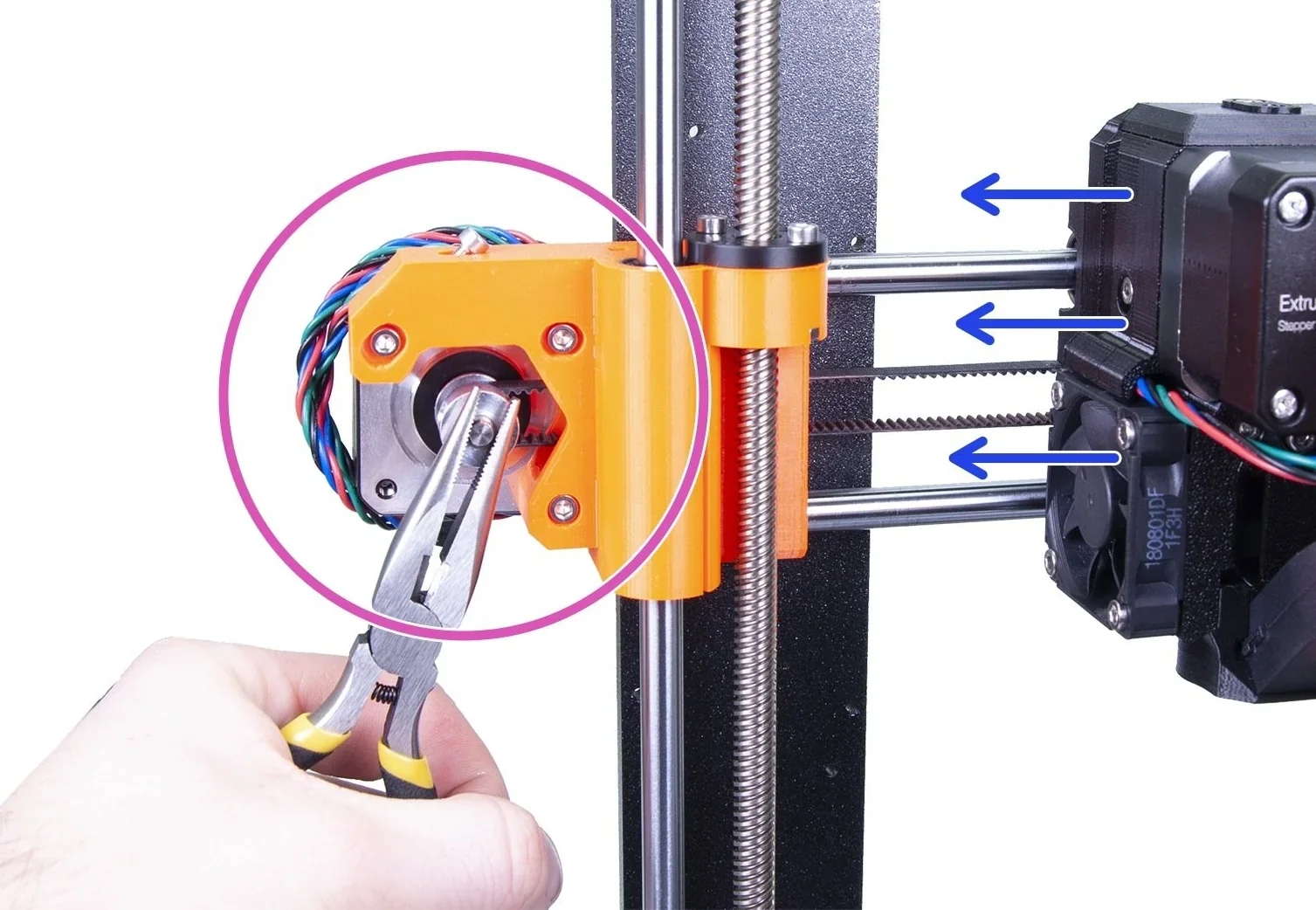 Original Prusa MK4S 3D printer assembly with pliers adjusting the stepper motor, showing the belt and rod mechanics.