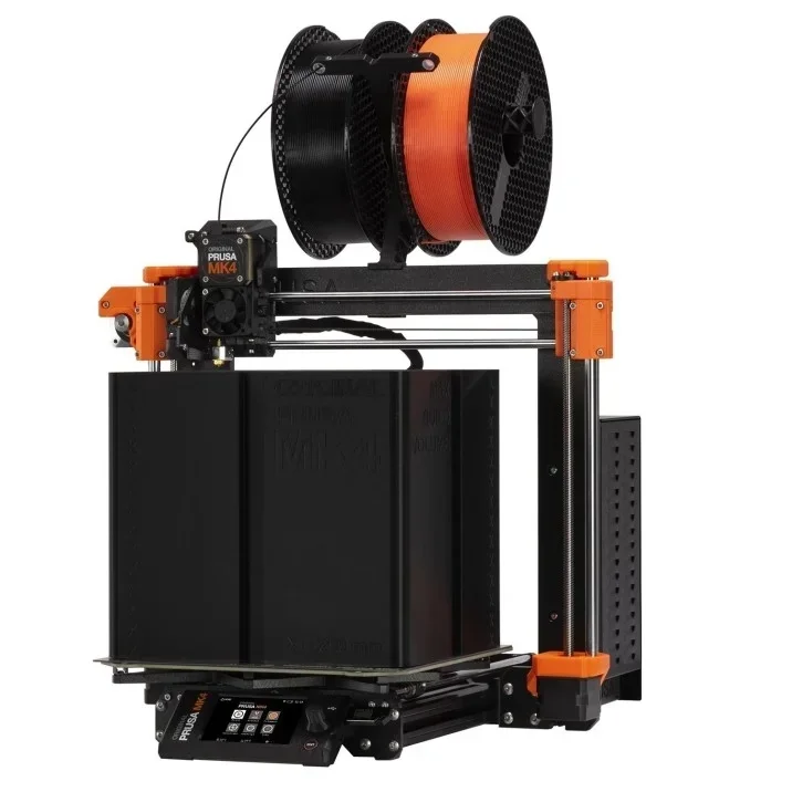 Original Prusa MK4S 3D Printer Kit with orange accents, dual filament spools, touchscreen interface, and partially built object on platform.