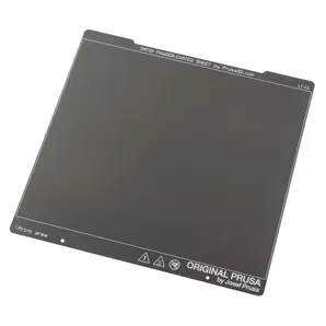 Original Prusa MK4S 3D printer magnetic build plate with branding and grid lines for precise 3D printing alignment, shown on a white background.