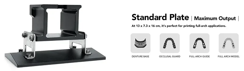 Phrozen Lumii DLP's Standard Plate, 13x7.3x16 cm, for full-arch applications; shows denture base, occlusal guard, full arch guide, full arch model.