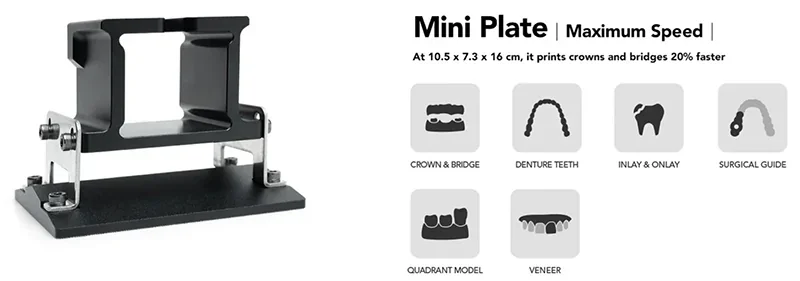Phrozen Lumii DLP mini plate for rapid 3D printing; includes dental sample illustrations: crown, bridge, dentures, inlay, quadrant, veneer, guide.