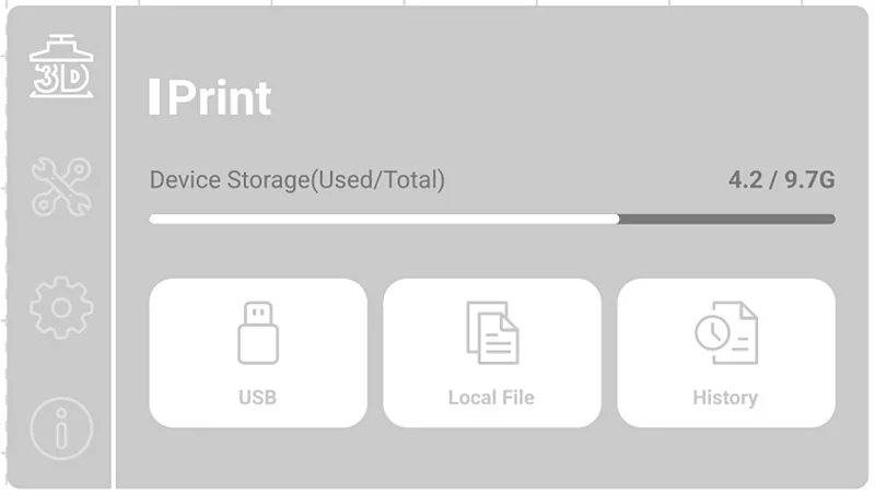 Gray interface of Phrozen Lumii DLP 3D printer software, showing storage capacity with options for USB, Local File, and History, against toolbar icons.