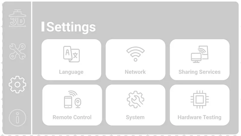 Phrozen Lumii DLP screen displaying settings options: Language, Network, Sharing Services, Remote Control, System, and Hardware Testing.