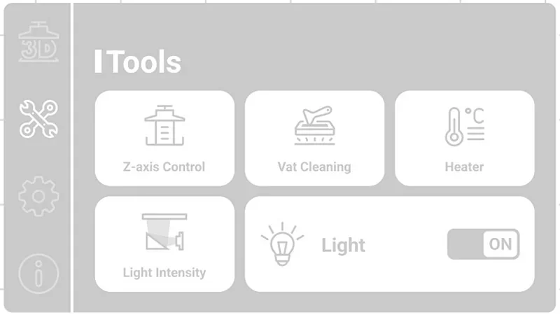 Phrozen Lumii DLP control panel showing tools such as Z-axis Control, Vat Cleaning, Heater, Light Intensity, and an "ON" Light switch.