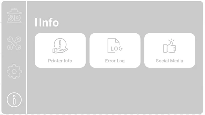 Phrozen Lumii DLP interface showing menu options: Printer Info, Error Log, Social Media, with icons in a clean layout.