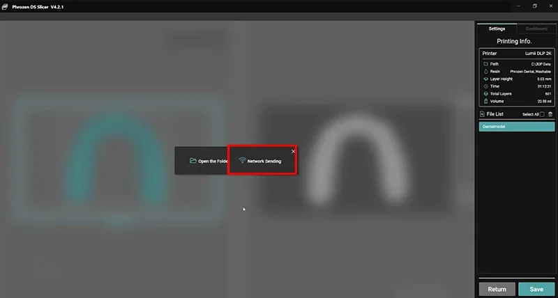 Phrozen Lumii DLP software interface displaying print settings, including layer height and volume, with "Network Sending" highlighted in red.