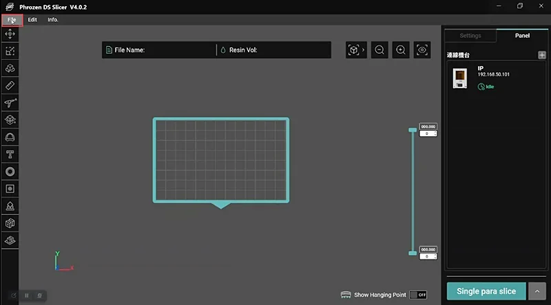 Phrozen Lumii DLP software interface displaying grid layout for 3D printing settings, file name, and resin volume options for creating precise 3D models.